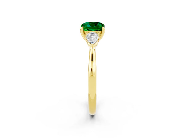 Yellow gold Cushion Cut Emerald Three-Stone Ring with Pear  Side Stones and Prong Setting