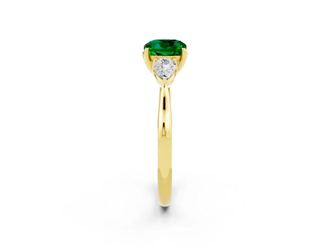 Yellow gold Cushion Cut Emerald Three-Stone Ring with Pear Side Stones and Four-Prong Setting_14