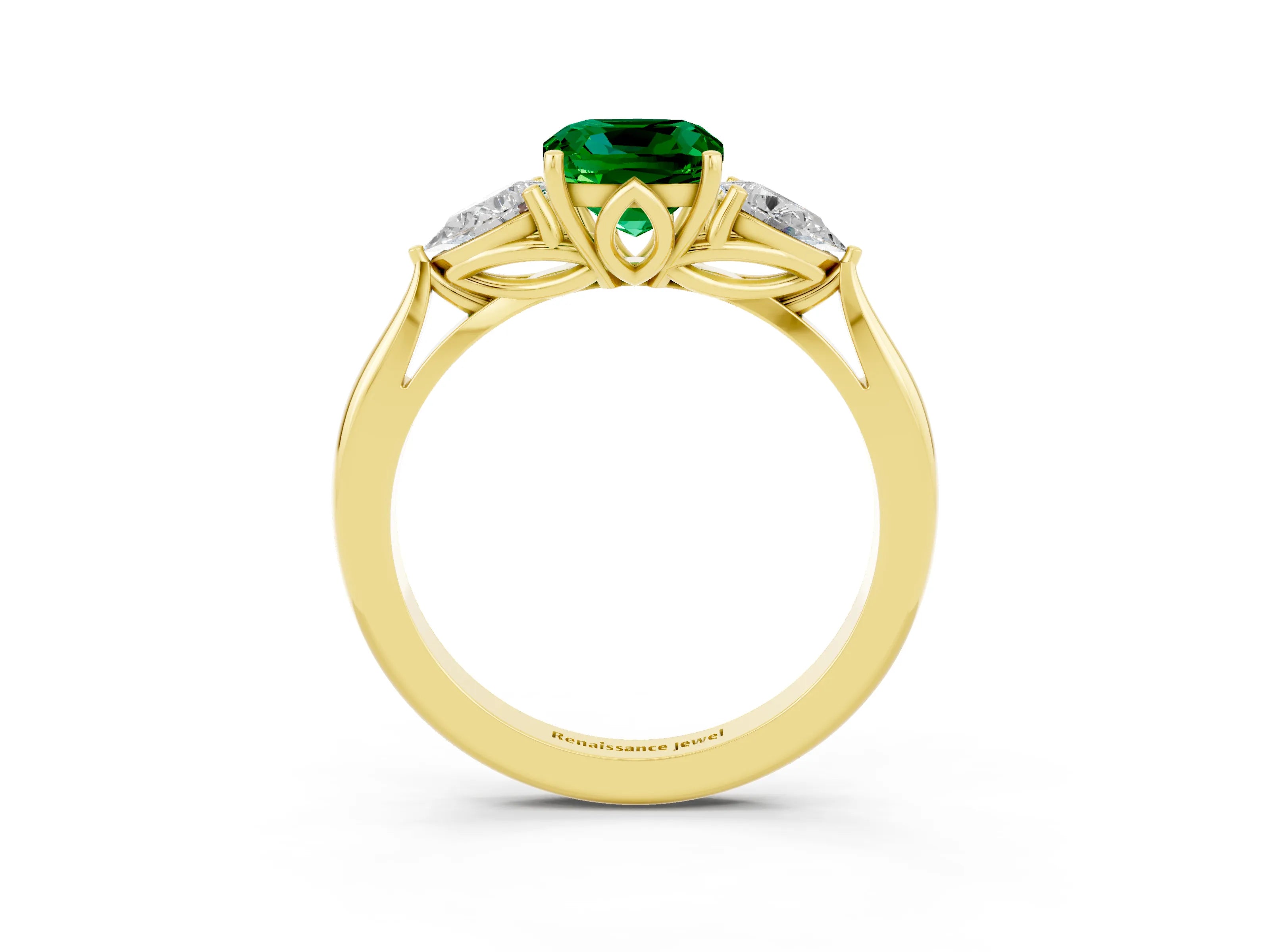 Yellow gold Cushion Cut Emerald Three-Stone Ring with Pear Side Stones and Four-Prong Setting_15