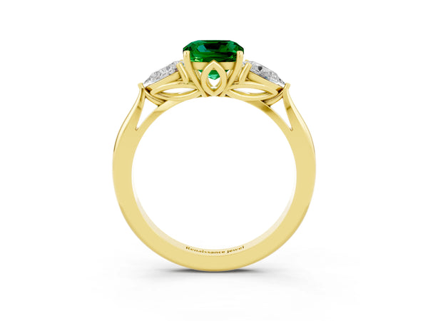 Yellow gold Cushion Cut Emerald Three-Stone Ring with Pear  Side Stones and Prong Setting