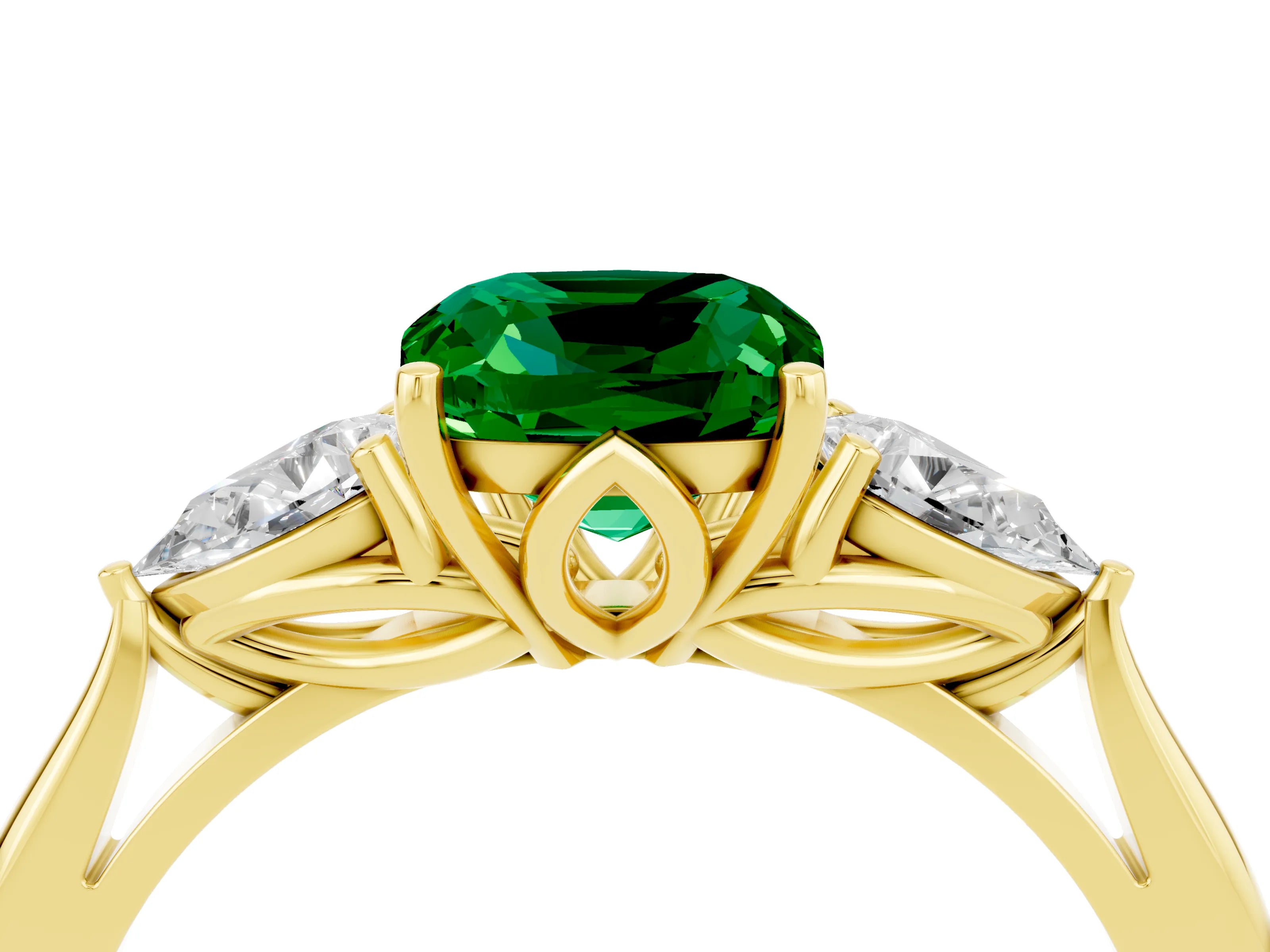 Yellow gold Cushion Cut Emerald Three-Stone Ring with Pear Side Stones and Four-Prong Setting_16