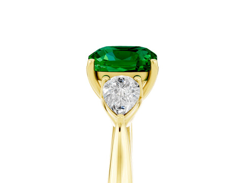 Yellow gold Cushion Cut Emerald Three-Stone Ring with Pear Side Stones and Four-Prong Setting_17