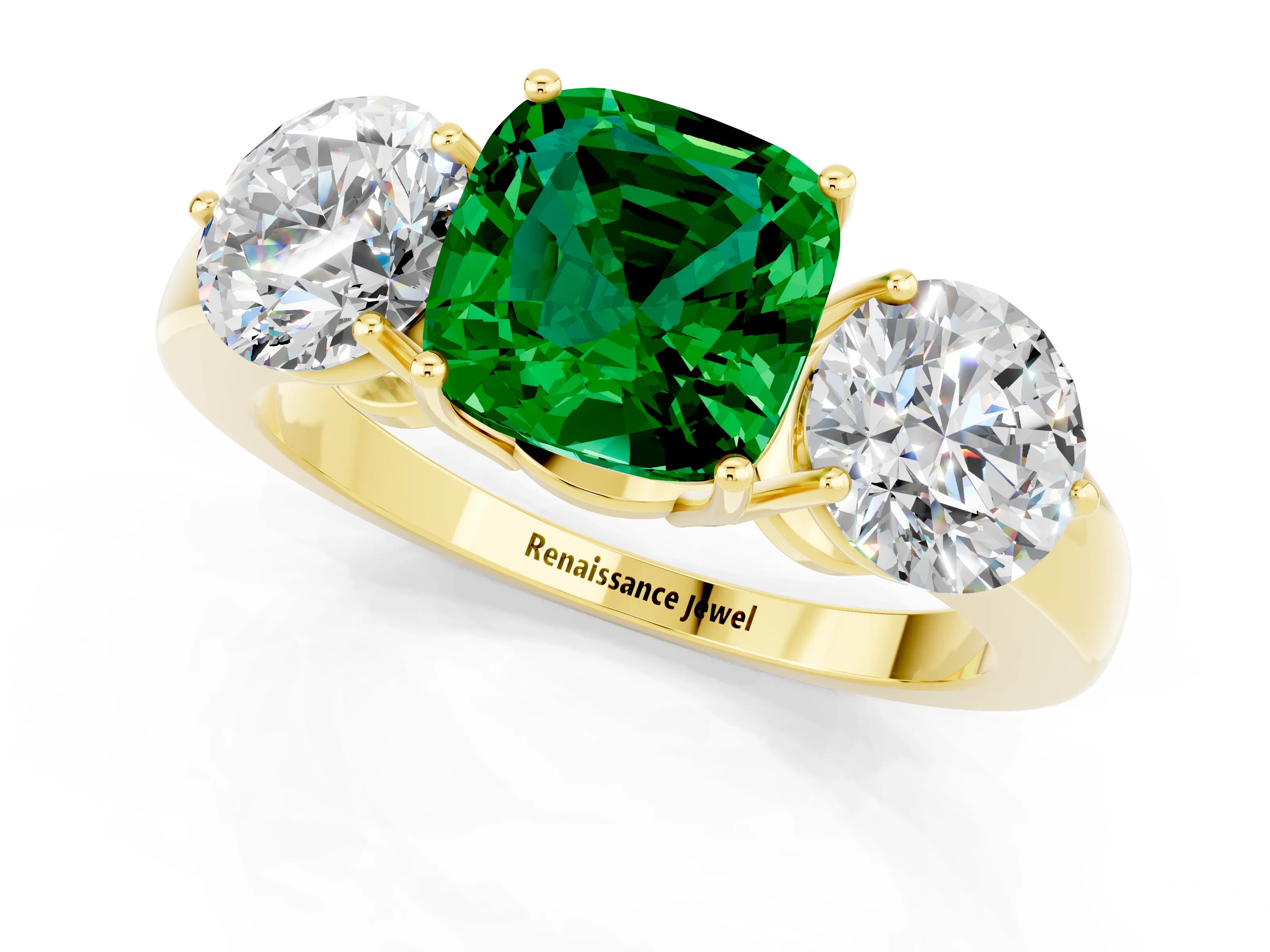 Yellow gold Cushion Cut Emerald Three-Stone Ring with Prong Setting and Classic Band_1