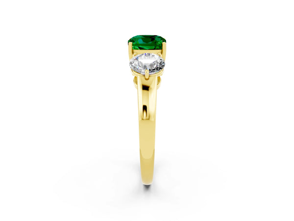 Yellow gold Cushion Cut Emerald Three-Stone Ring with Prong Setting and Classic Band