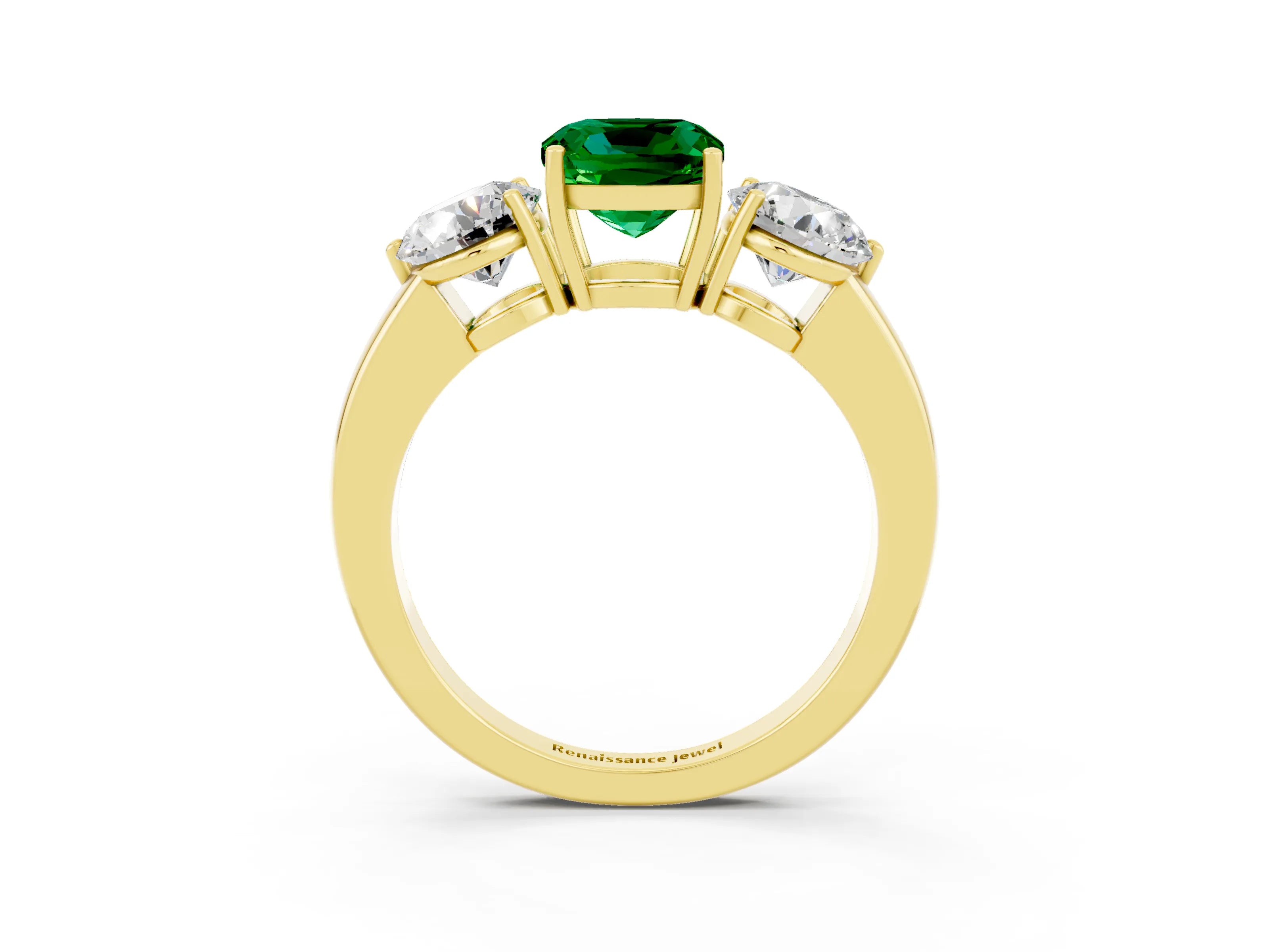 Yellow gold Cushion Cut Emerald Three-Stone Ring with Prong Setting and Classic Band_3
