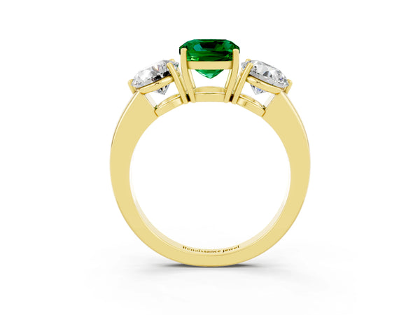 Yellow gold Cushion Cut Emerald Three-Stone Ring with Prong Setting and Classic Band
