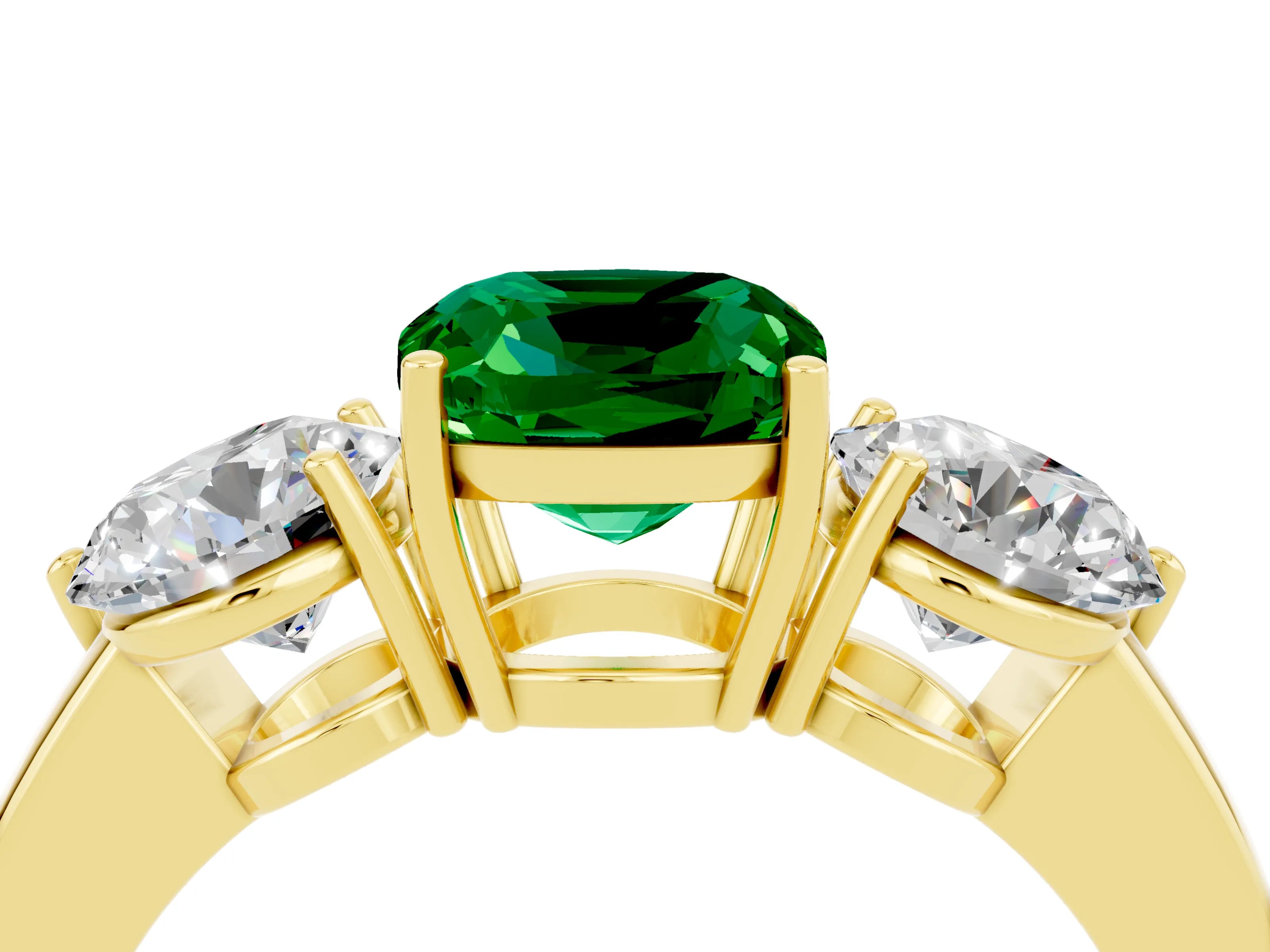 Yellow gold Cushion Cut Emerald Three-Stone Ring with Prong Setting and Classic Band_4