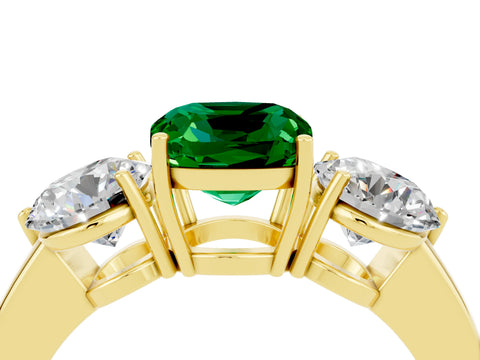 Yellow gold Cushion Cut Emerald Three-Stone Ring with Prong Setting and Classic Band_4