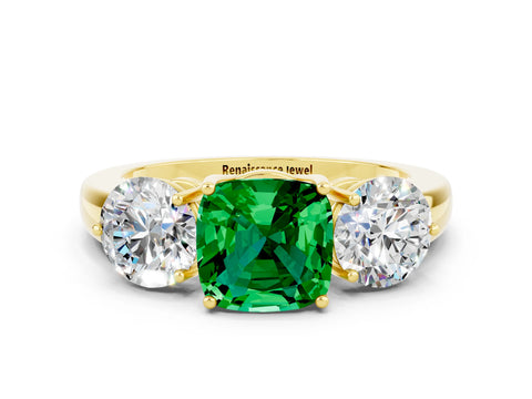 Yellow gold Cushion Cut Emerald Three-Stone Ring with Prong Setting and Classic Band