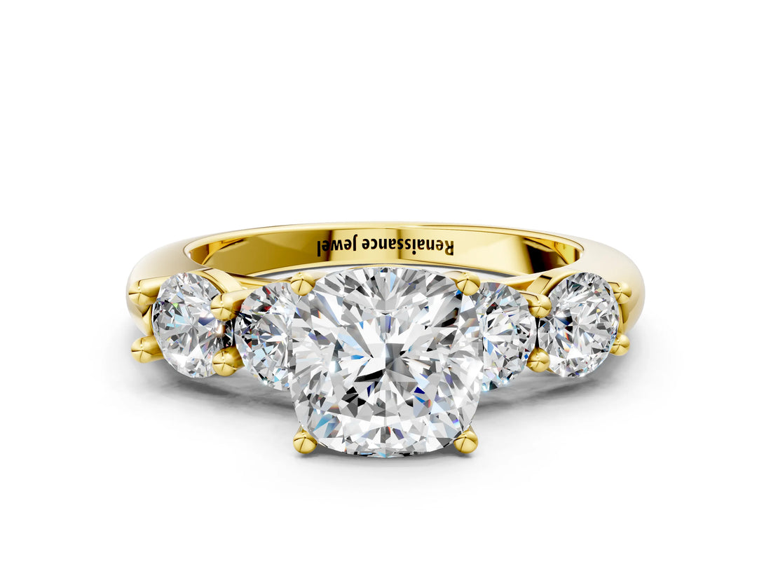 Yellow gold Cushion Cut Five-Stone Prong Set Diamond Ring with Classic Band_43