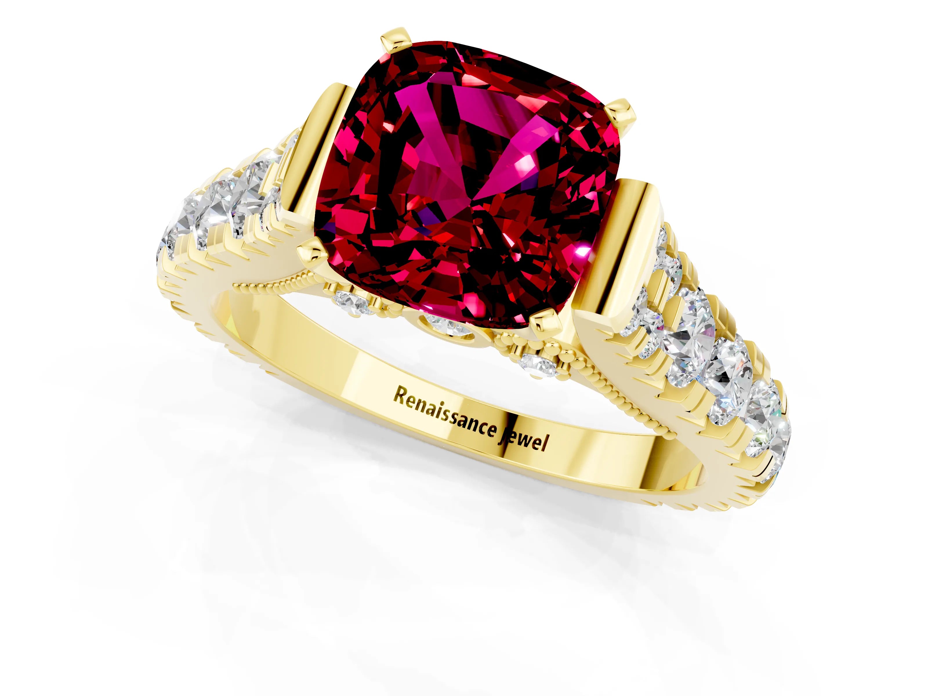 Yellow gold Cushion Cut Garnet Classic Solitaire Ring with Pavé Band and Four-Prong Setting_1
