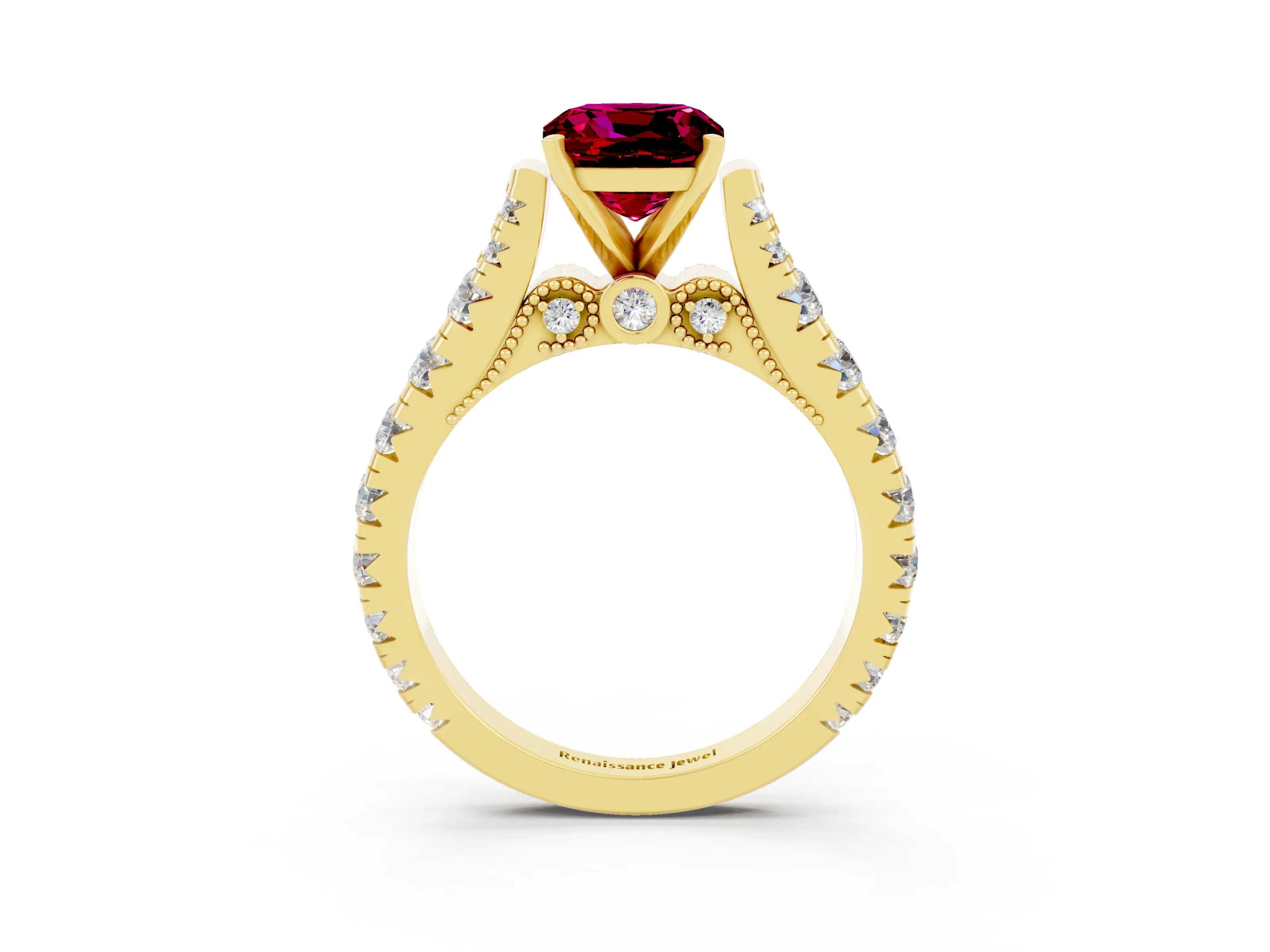 Yellow gold Cushion Cut Garnet Classic Solitaire Ring with Pavé Band and Four-Prong Setting_3