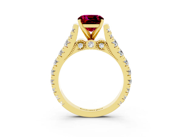 Yellow gold Cushion Cut Garnet Classic Solitaire Ring with Pavé Band and Four-Prong Setting