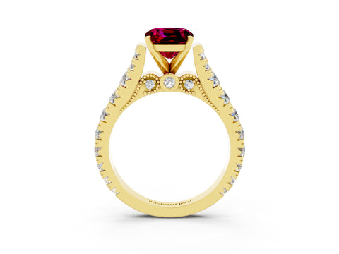 Yellow gold Cushion Cut Garnet Classic Solitaire Ring with Pavé Band and Four-Prong Setting_3