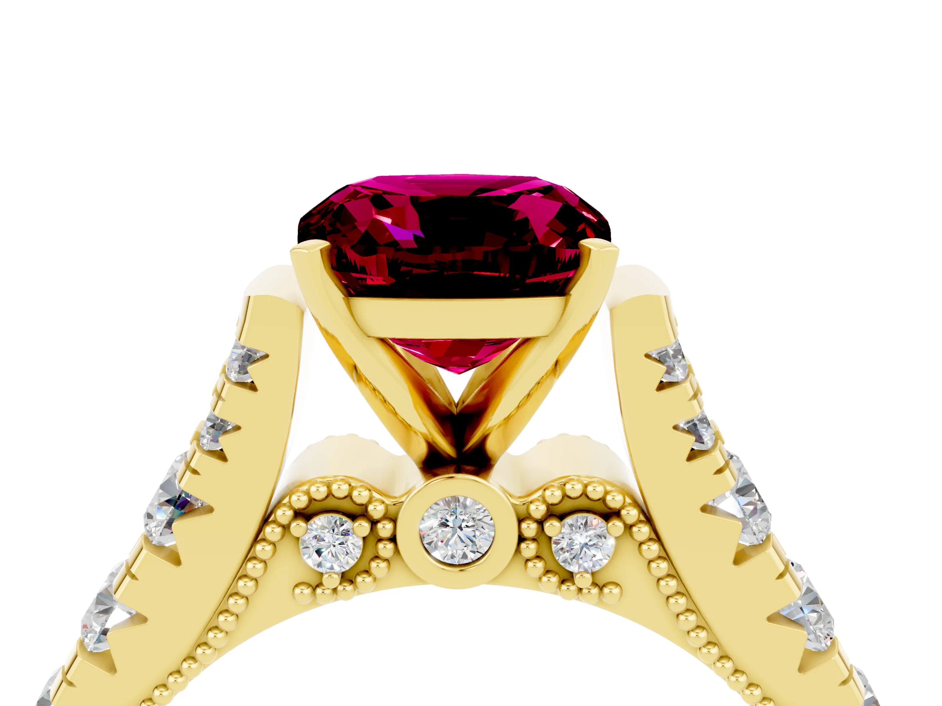 Yellow gold Cushion Cut Garnet Classic Solitaire Ring with Pavé Band and Four-Prong Setting_4