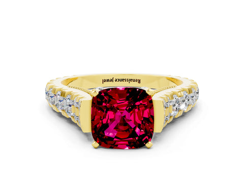 Yellow gold Cushion Cut Garnet Classic Solitaire Ring with Pavé Band and Four-Prong Setting