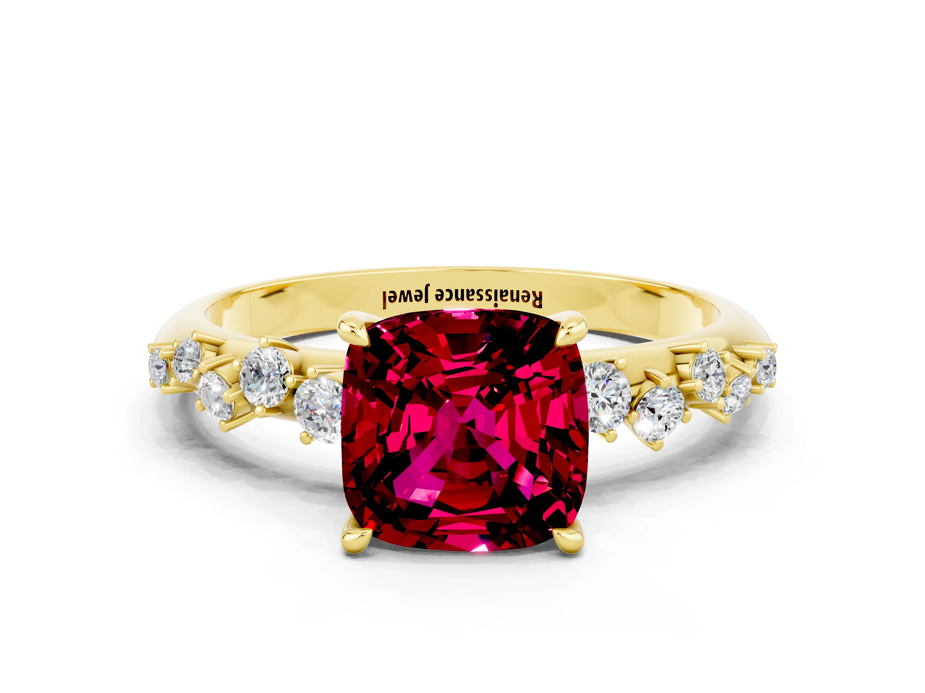 Yellow gold Cushion Cut Garnet Cluster Side Stone Solitaire Ring with Prong Setting_24
