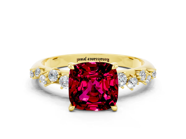 Yellow gold Cushion Cut Garnet Cluster Side Stone Solitaire Ring with Prong Setting