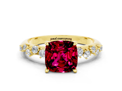 Yellow gold Cushion Cut Garnet Cluster Side Stone Solitaire Ring with Prong Setting_24