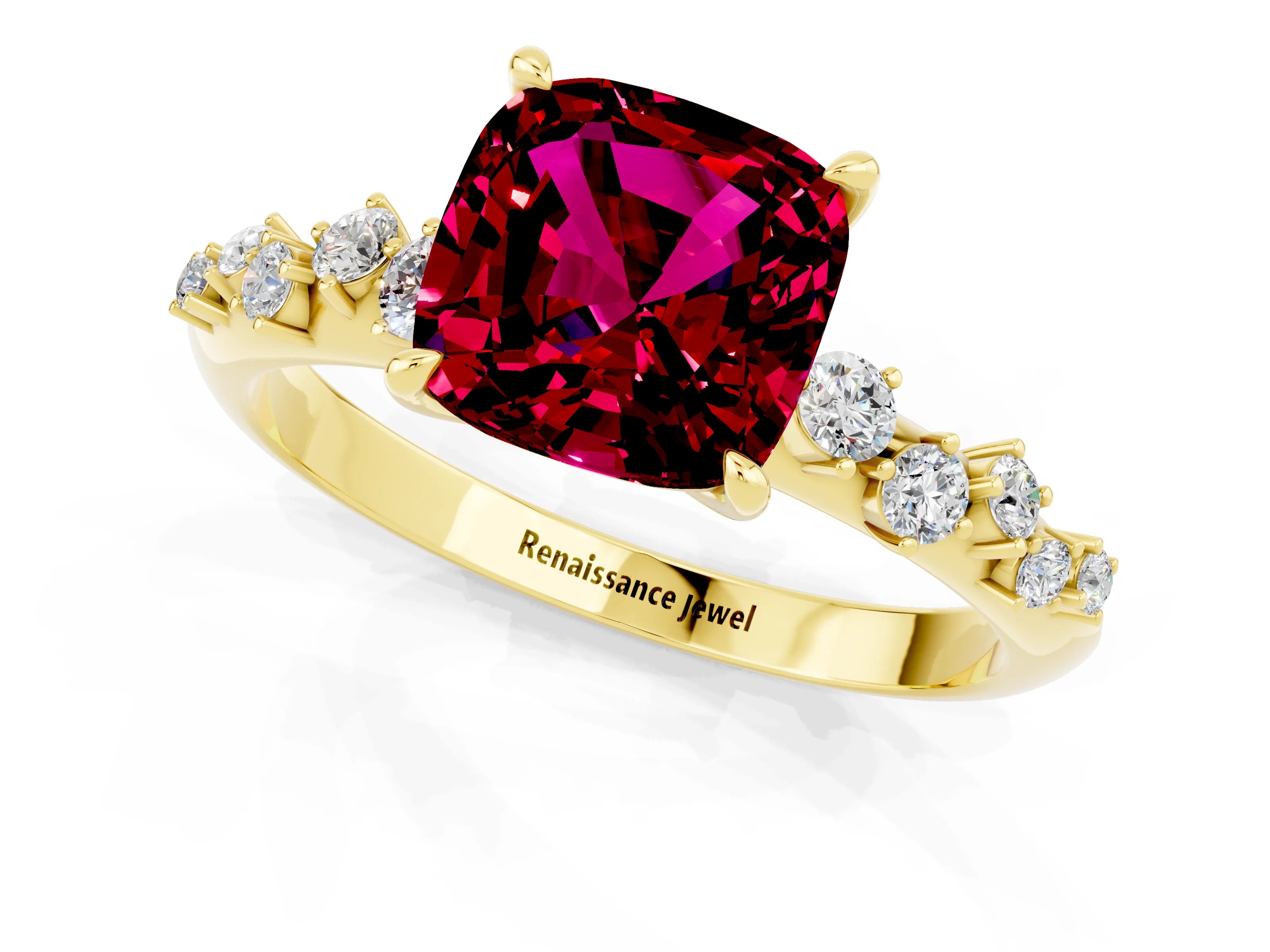 Yellow gold Cushion Cut Garnet Cluster Side Stone Solitaire Ring with Prong Setting_25