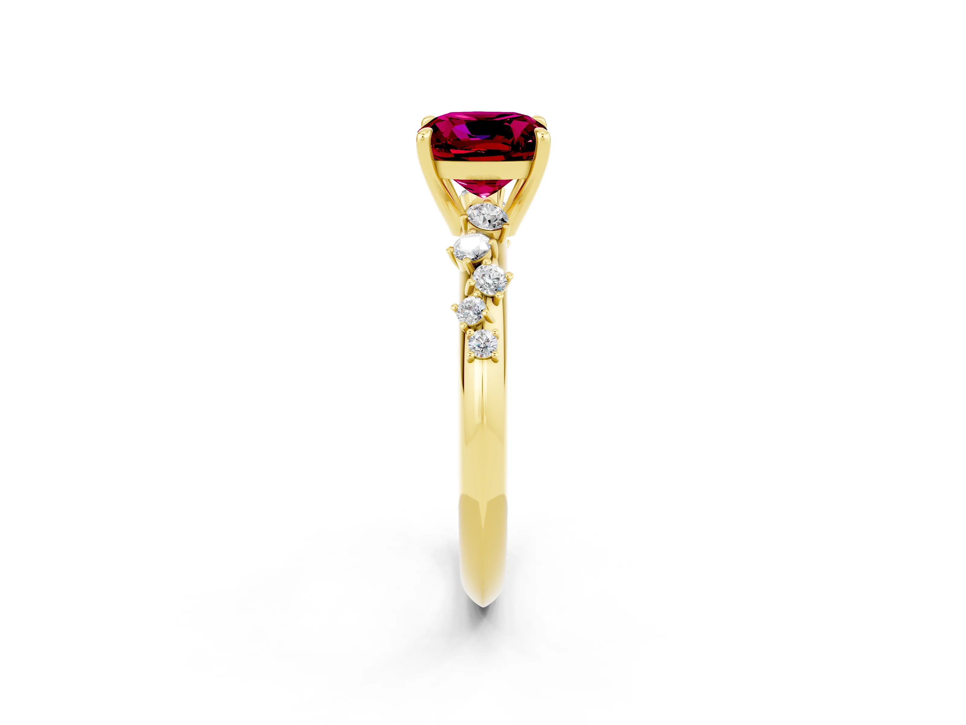 Yellow gold Cushion Cut Garnet Cluster Side Stone Solitaire Ring with Prong Setting_26