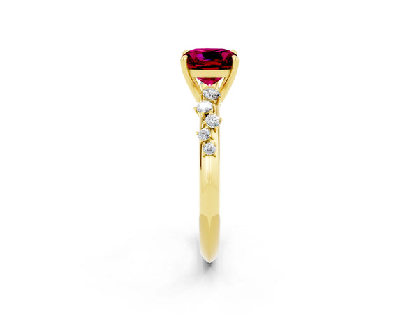 Yellow gold Cushion Cut Garnet Cluster Side Stone Solitaire Ring with Prong Setting