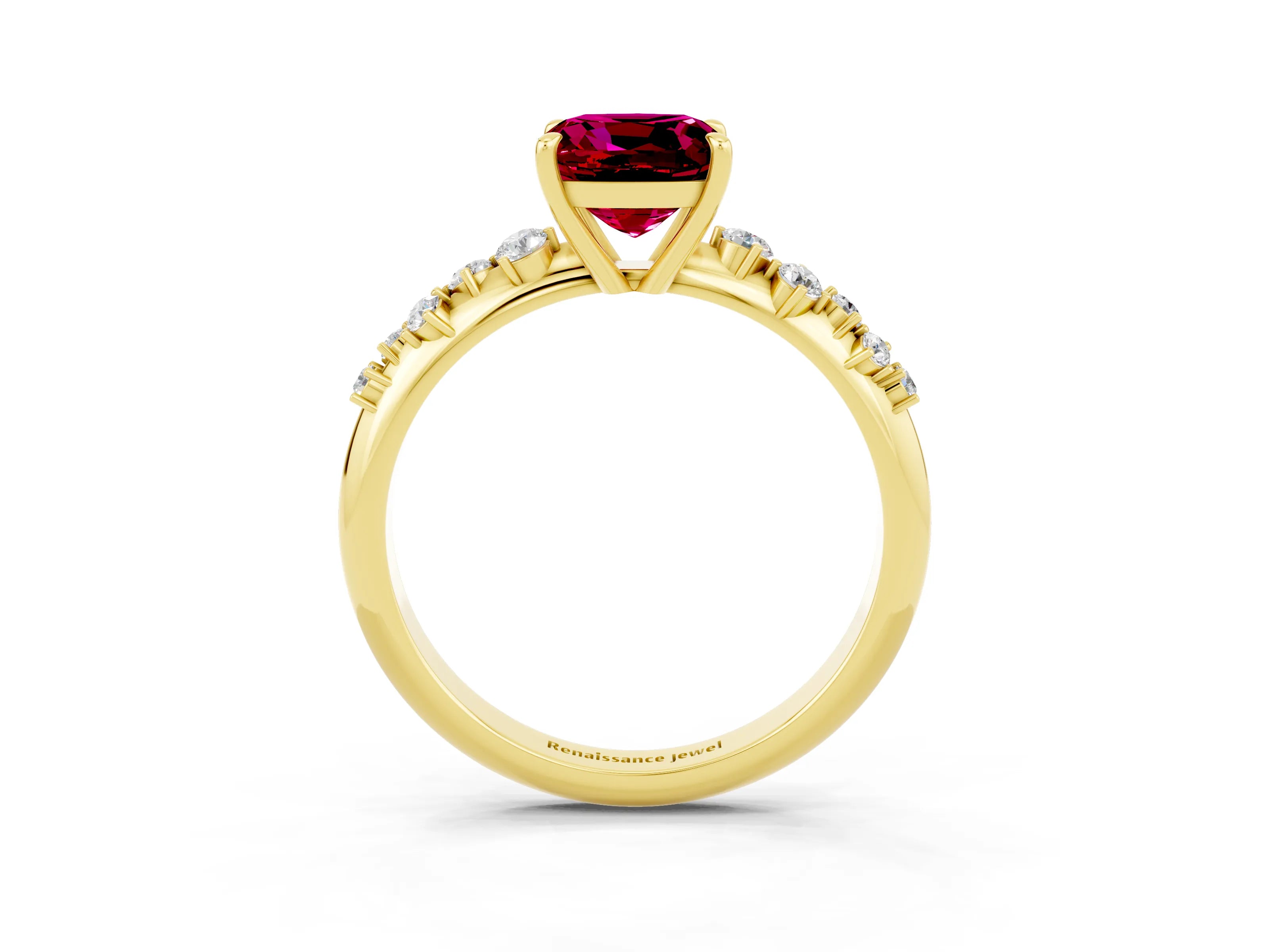 Yellow gold Cushion Cut Garnet Cluster Side Stone Solitaire Ring with Prong Setting_27
