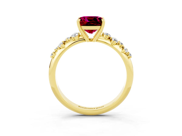 Yellow gold Cushion Cut Garnet Cluster Side Stone Solitaire Ring with Prong Setting