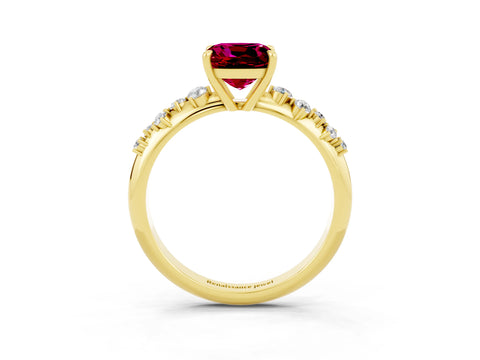 Yellow gold Cushion Cut Garnet Cluster Side Stone Solitaire Ring with Prong Setting_27