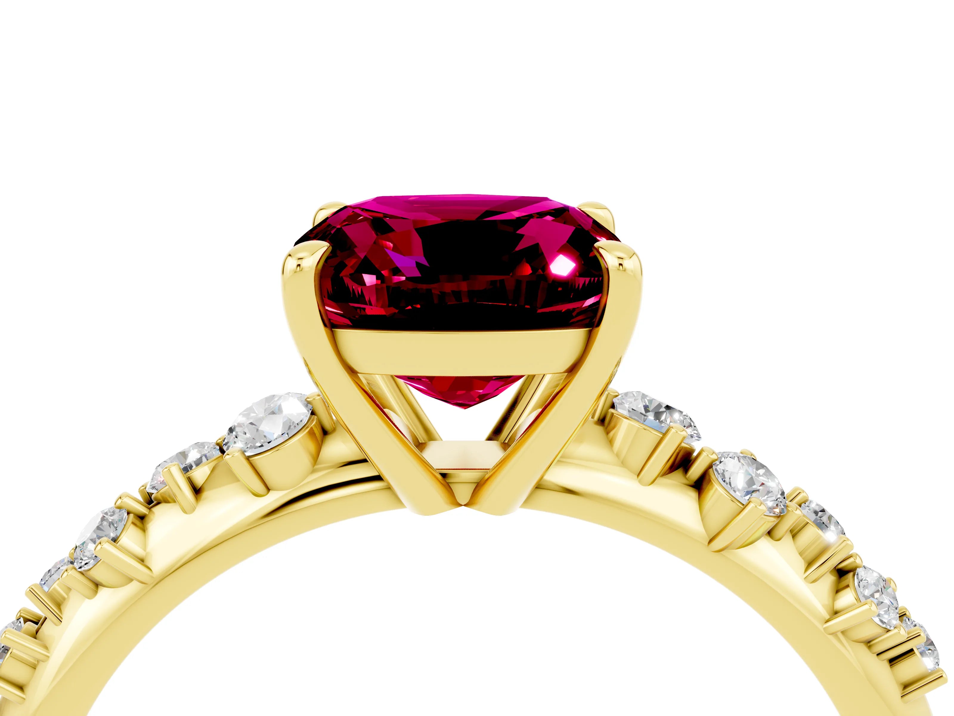 Yellow gold Cushion Cut Garnet Cluster Side Stone Solitaire Ring with Prong Setting_28