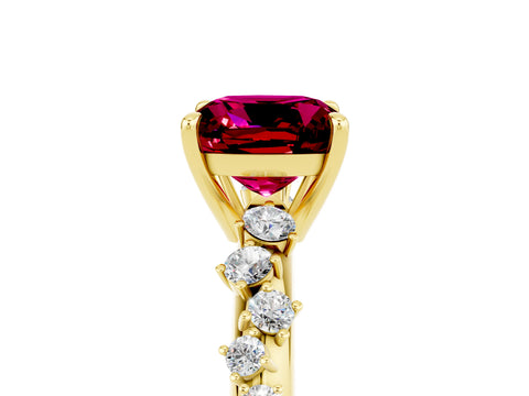 Yellow gold Cushion Cut Garnet Cluster Side Stone Solitaire Ring with Prong Setting_29