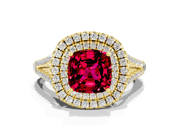Yellow gold Cushion Cut Garnet Double Halo Ring with Pavé Band and Prong Setting