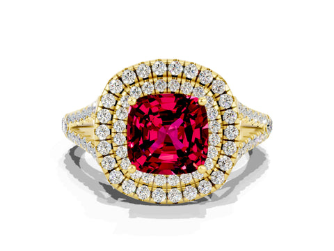 Yellow gold Cushion Cut Garnet Double Halo Ring with Pavé Band and Prong Setting_12