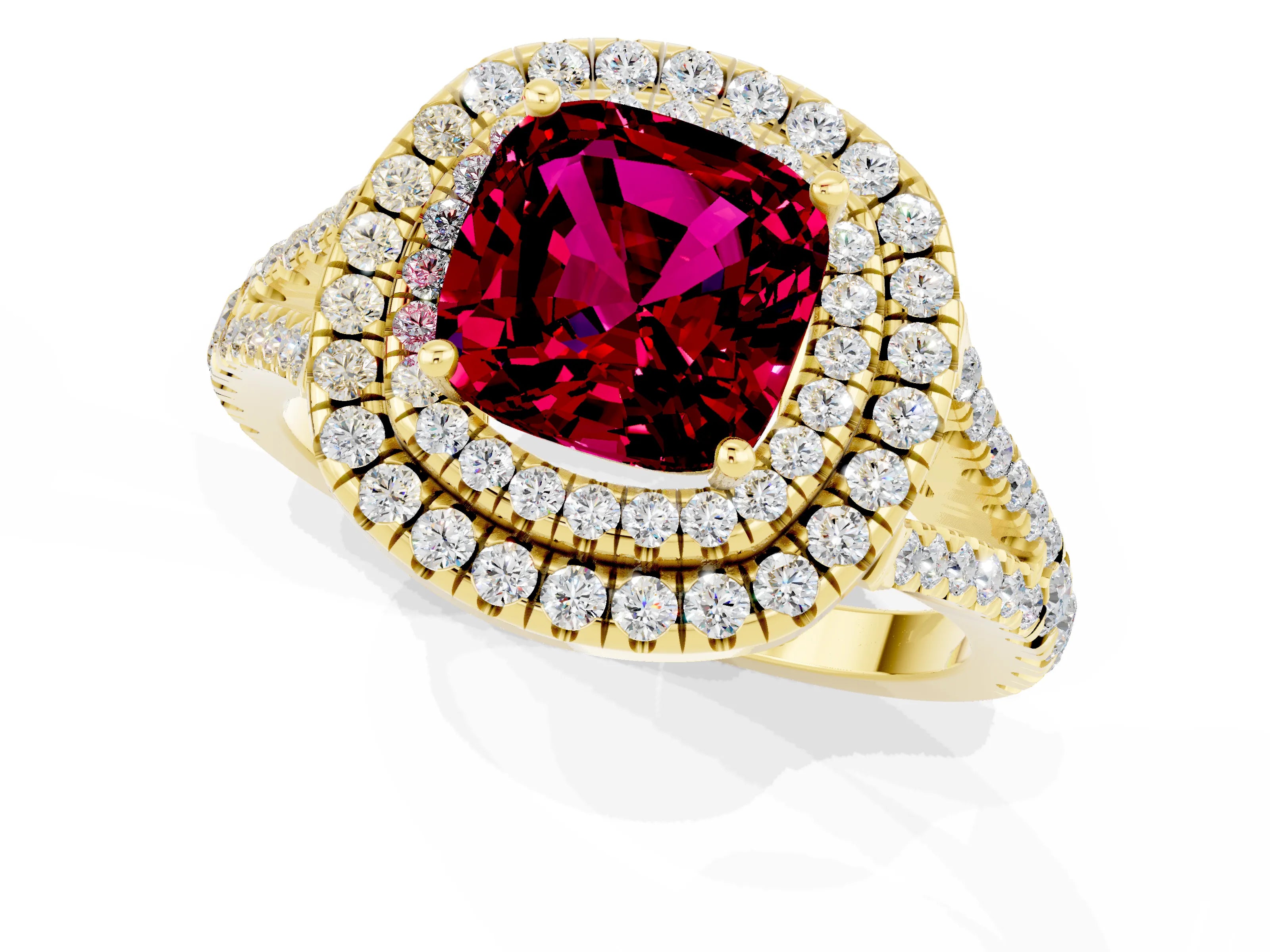 Yellow gold Cushion Cut Garnet Double Halo Ring with Pavé Band and Prong Setting_13