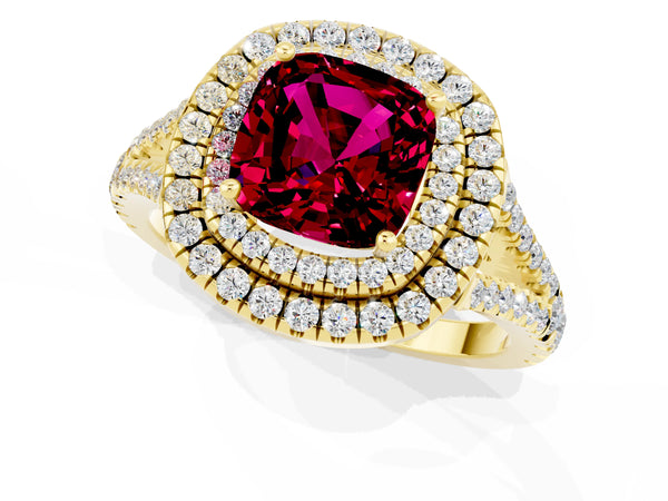 Yellow gold Cushion Cut Garnet Double Halo Ring with Pavé Band and Prong Setting