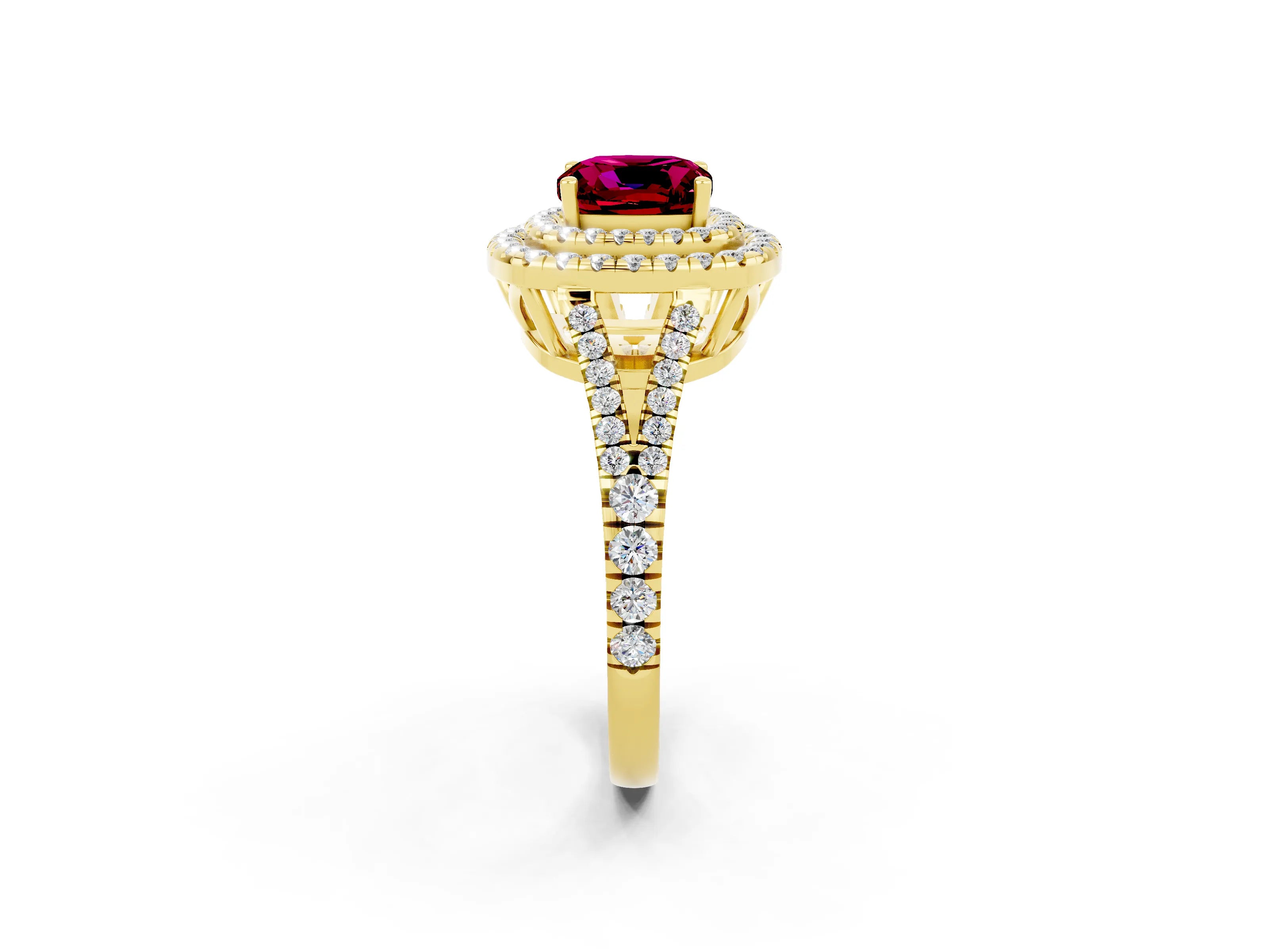 Yellow gold Cushion Cut Garnet Double Halo Ring with Pavé Band and Prong Setting_14