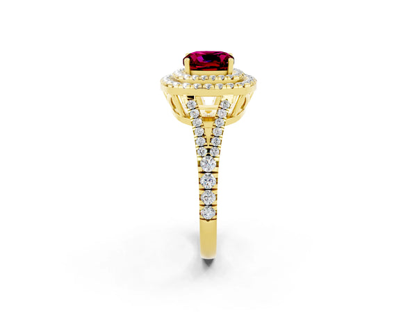 Yellow gold Cushion Cut Garnet Double Halo Ring with Pavé Band and Prong Setting
