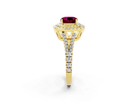 Yellow gold Cushion Cut Garnet Double Halo Ring with Pavé Band and Prong Setting_14