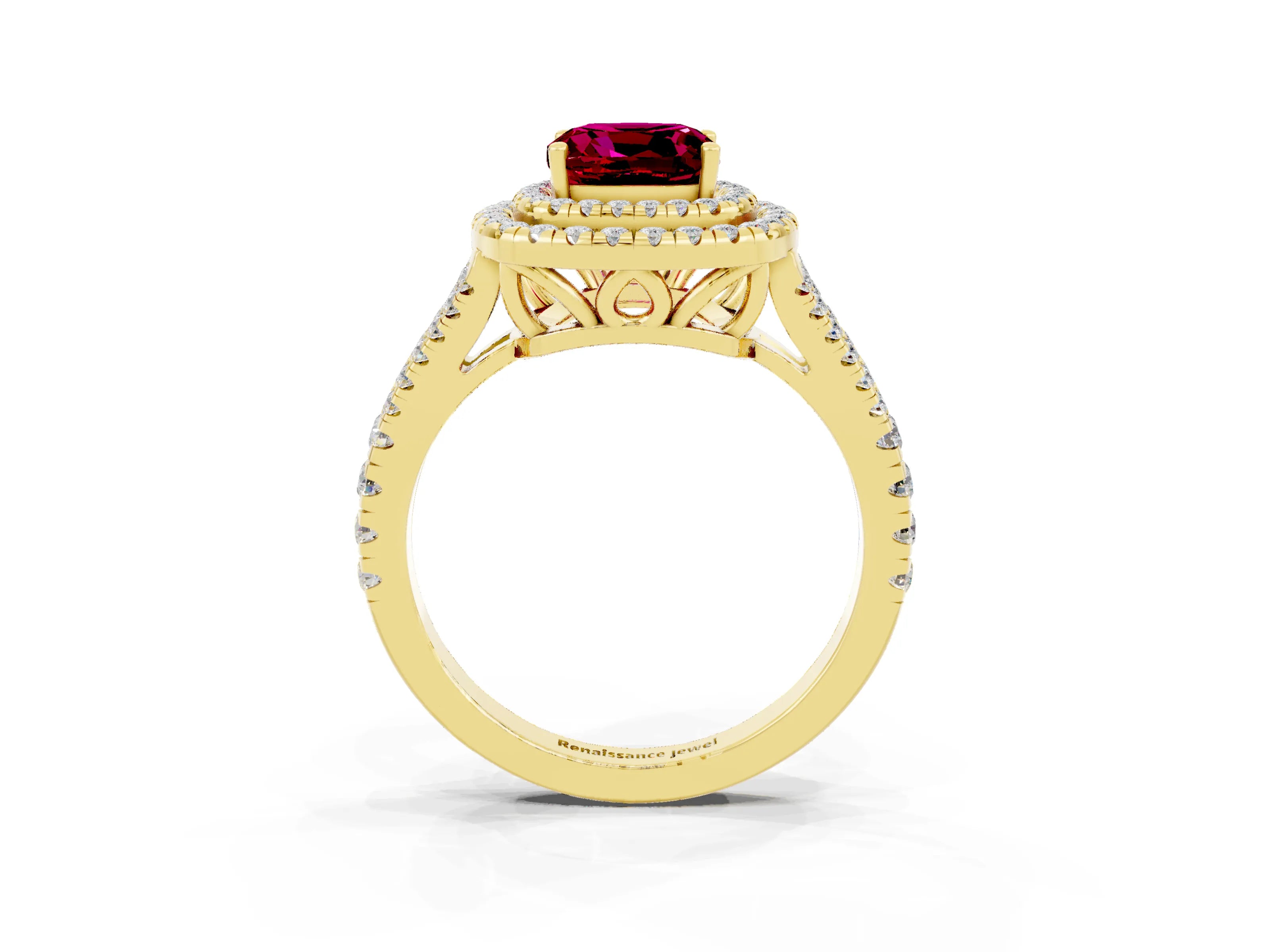 Yellow gold Cushion Cut Garnet Double Halo Ring with Pavé Band and Prong Setting_15