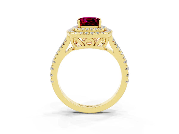 Yellow gold Cushion Cut Garnet Double Halo Ring with Pavé Band and Prong Setting