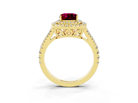 Yellow gold Cushion Cut Garnet Double Halo Ring with Pavé Band and Prong Setting_15