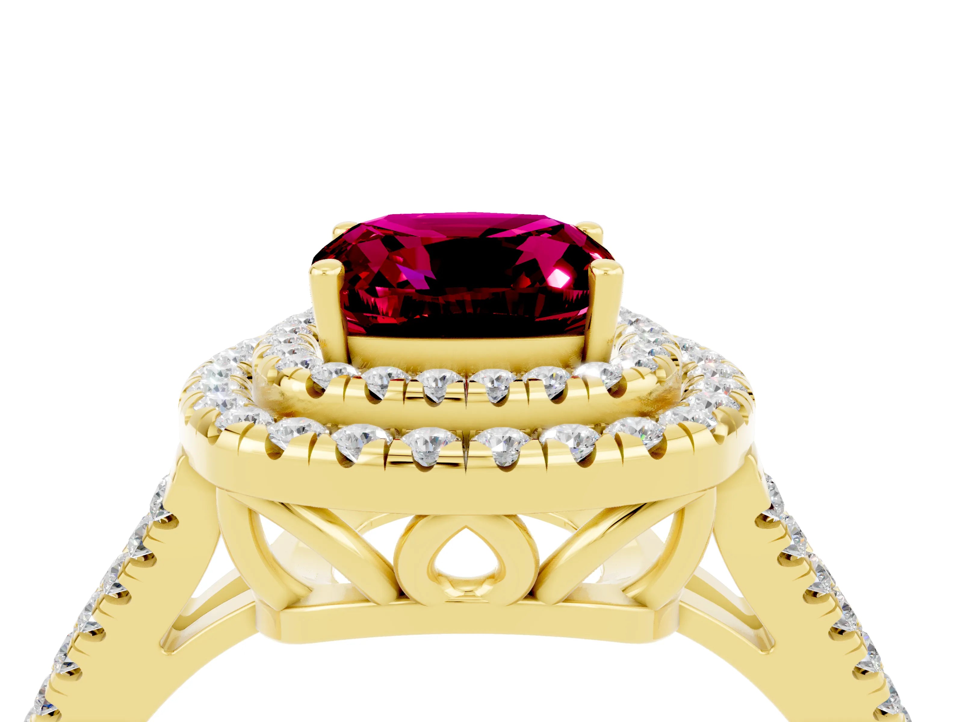 Yellow gold Cushion Cut Garnet Double Halo Ring with Pavé Band and Prong Setting_16