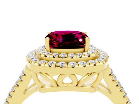 Yellow gold Cushion Cut Garnet Double Halo Ring with Pavé Band and Prong Setting_16