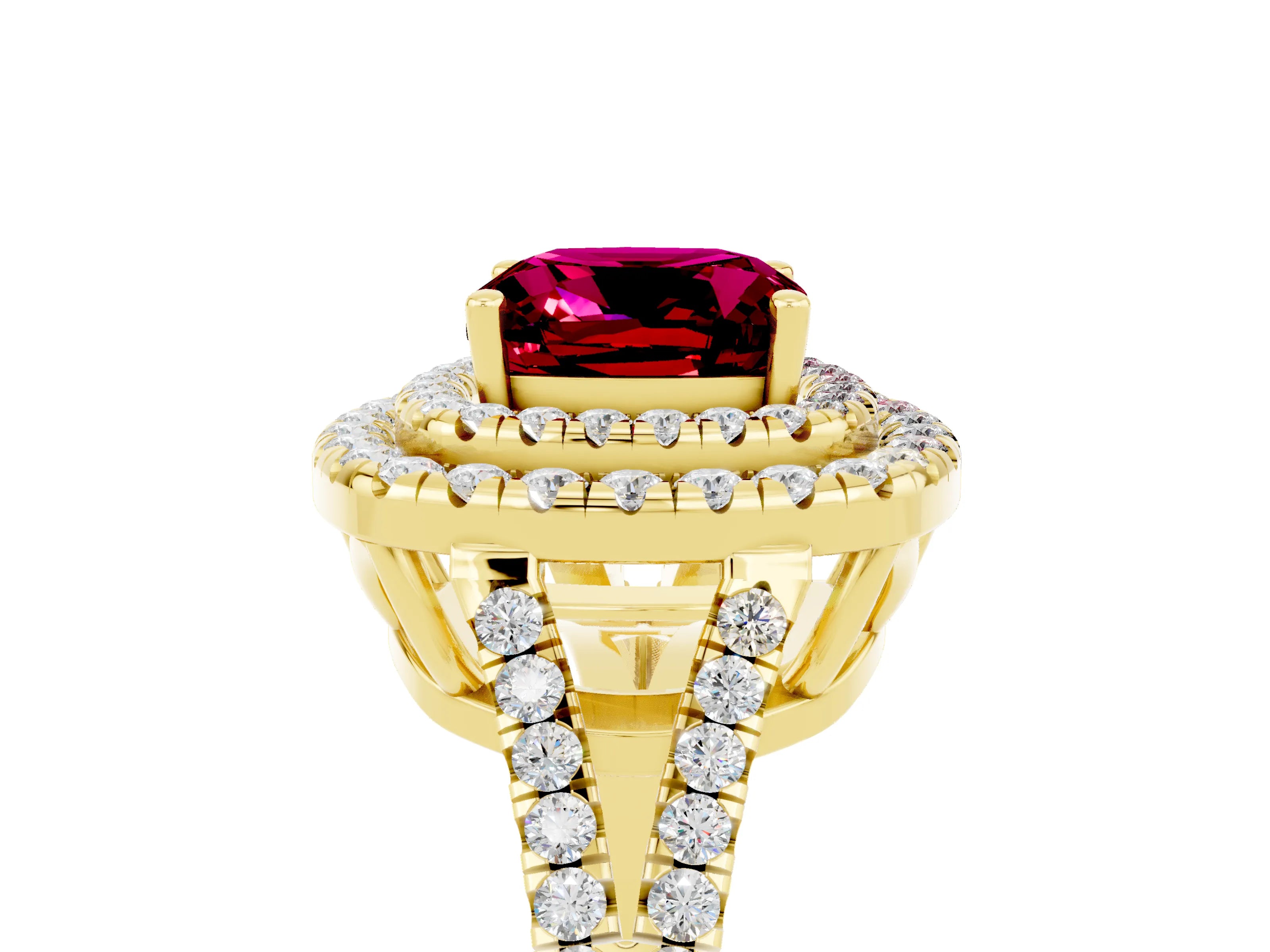 Yellow gold Cushion Cut Garnet Double Halo Ring with Pavé Band and Prong Setting_17