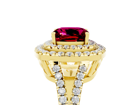 Yellow gold Cushion Cut Garnet Double Halo Ring with Pavé Band and Prong Setting_17