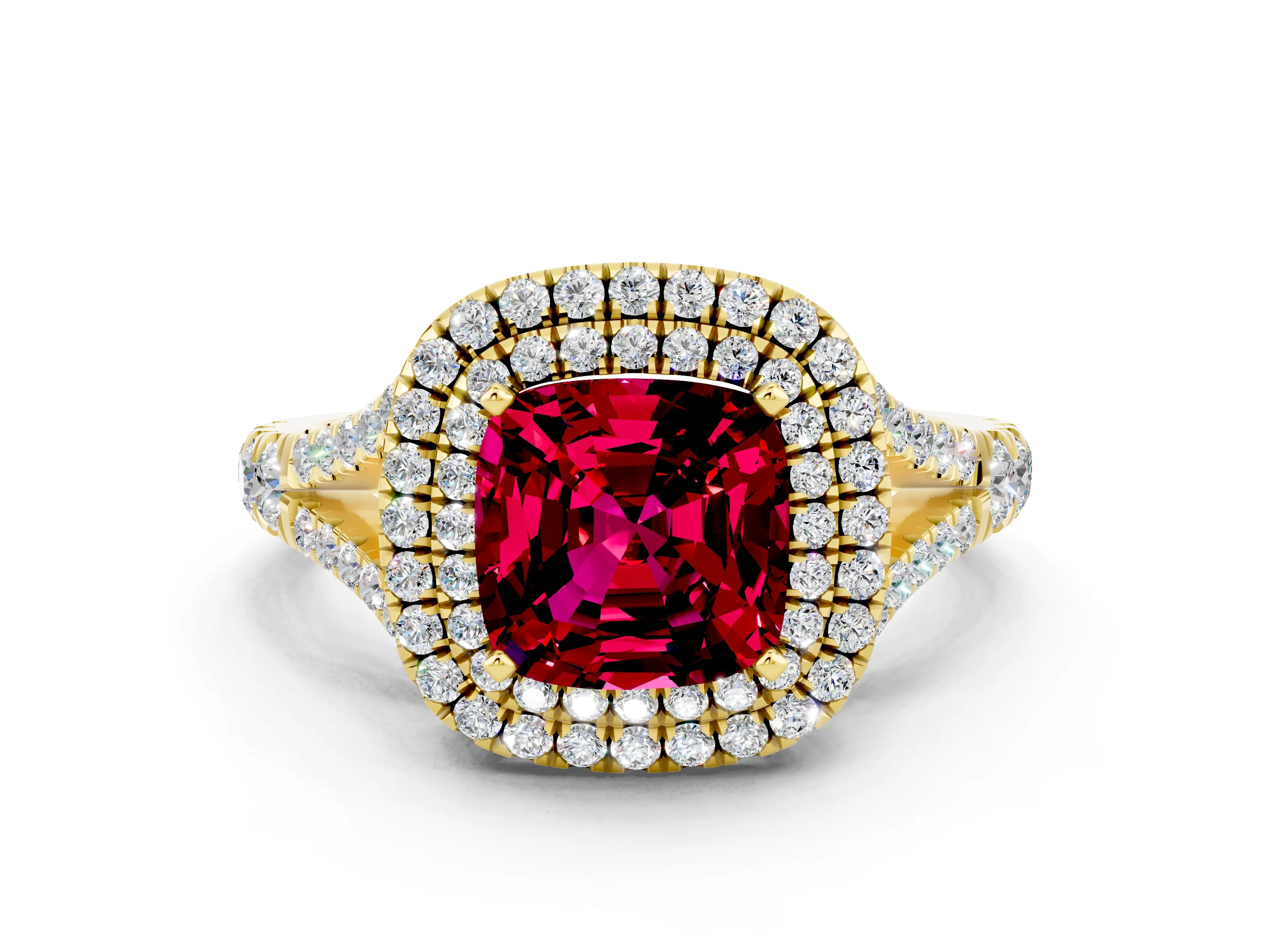 Yellow gold Cushion Cut Garnet Double Halo Ring with Split Shank and Prong Setting_12