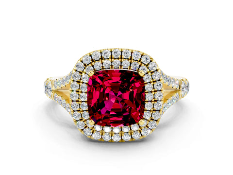 Yellow gold Cushion Cut Garnet Double Halo Ring with Split Shank and Prong Setting_12