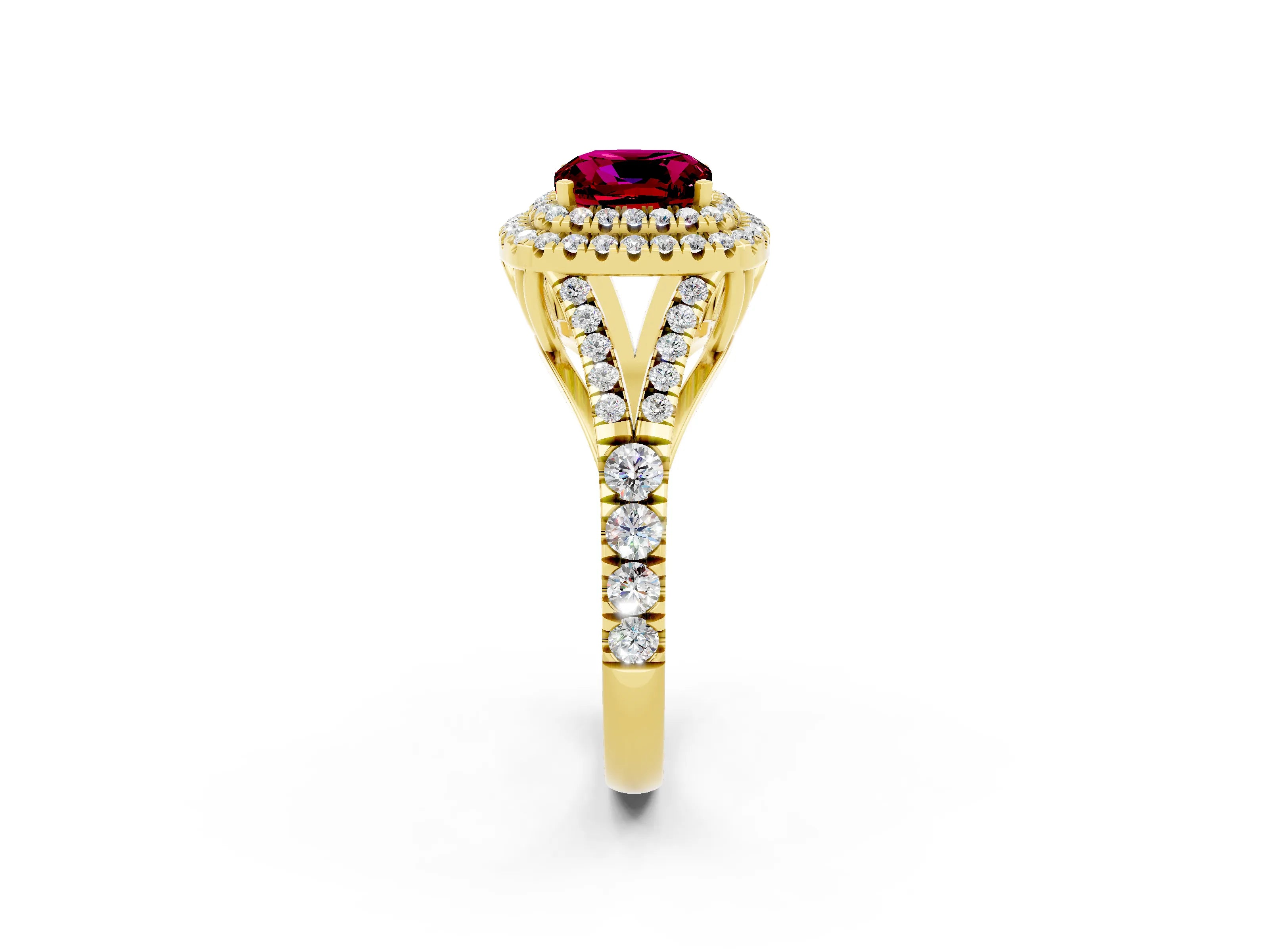 Yellow gold Cushion Cut Garnet Double Halo Ring with Split Shank and Prong Setting_14