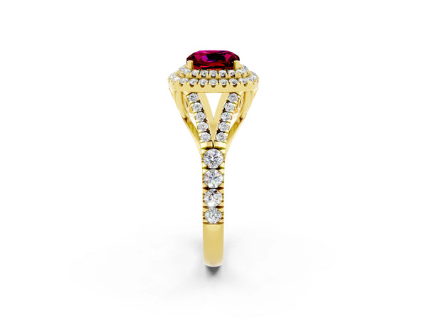 Yellow gold Cushion Cut Garnet Double Halo Ring with Split Shank and Prong Setting