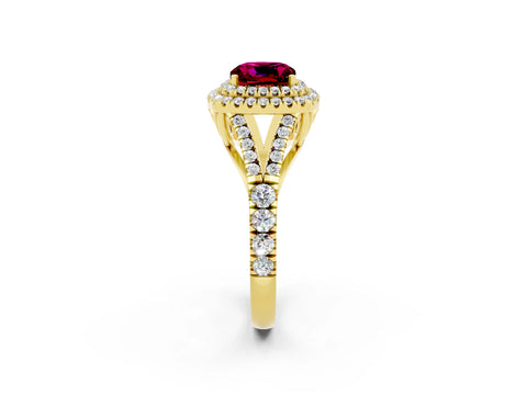 Yellow gold Cushion Cut Garnet Double Halo Ring with Split Shank and Prong Setting_14